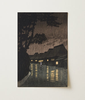 Rain at Maekawa Sagami Province - Kawase Hasui Fine Art Print / Canvas Rectangular Japanese Woodblock Rainy Night Scene Traditional, Lone