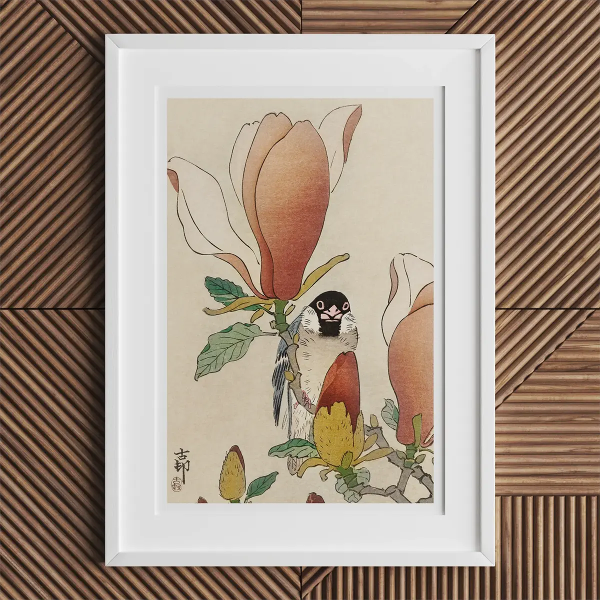 Framed magnolia and bird print by Ohara Koson from the Shin-hanga movement.