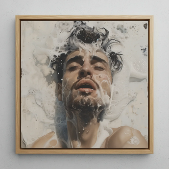 Spilled Milk - Subtle Sexy Gay Erotic Art Framed Canvas, 12x12’’ / 31x31cm / Natural Floating Frame, Framed Portrait Painting Man’s Face
