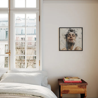 Spilled Milk - Subtle Sexy Gay Erotic Art Framed Canvas, Bedroom White Bed Window Framed Artwork Wall