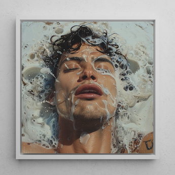 Splish Splash - Gaysian Male Pleasure Framed Canvas, 12x12’’ / 31x31cm / White Floating Frame, Framed Portrait Man Liquid
