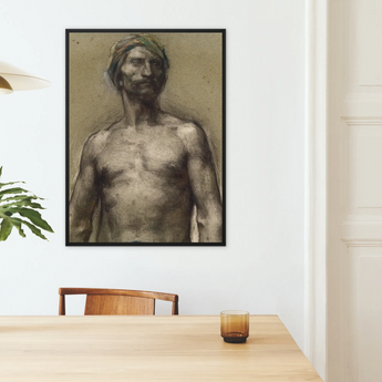 Study of Naked Man at the Turban - Georges Desvallieres Framed Canvas, Framed Charcoal Bare-chested Man