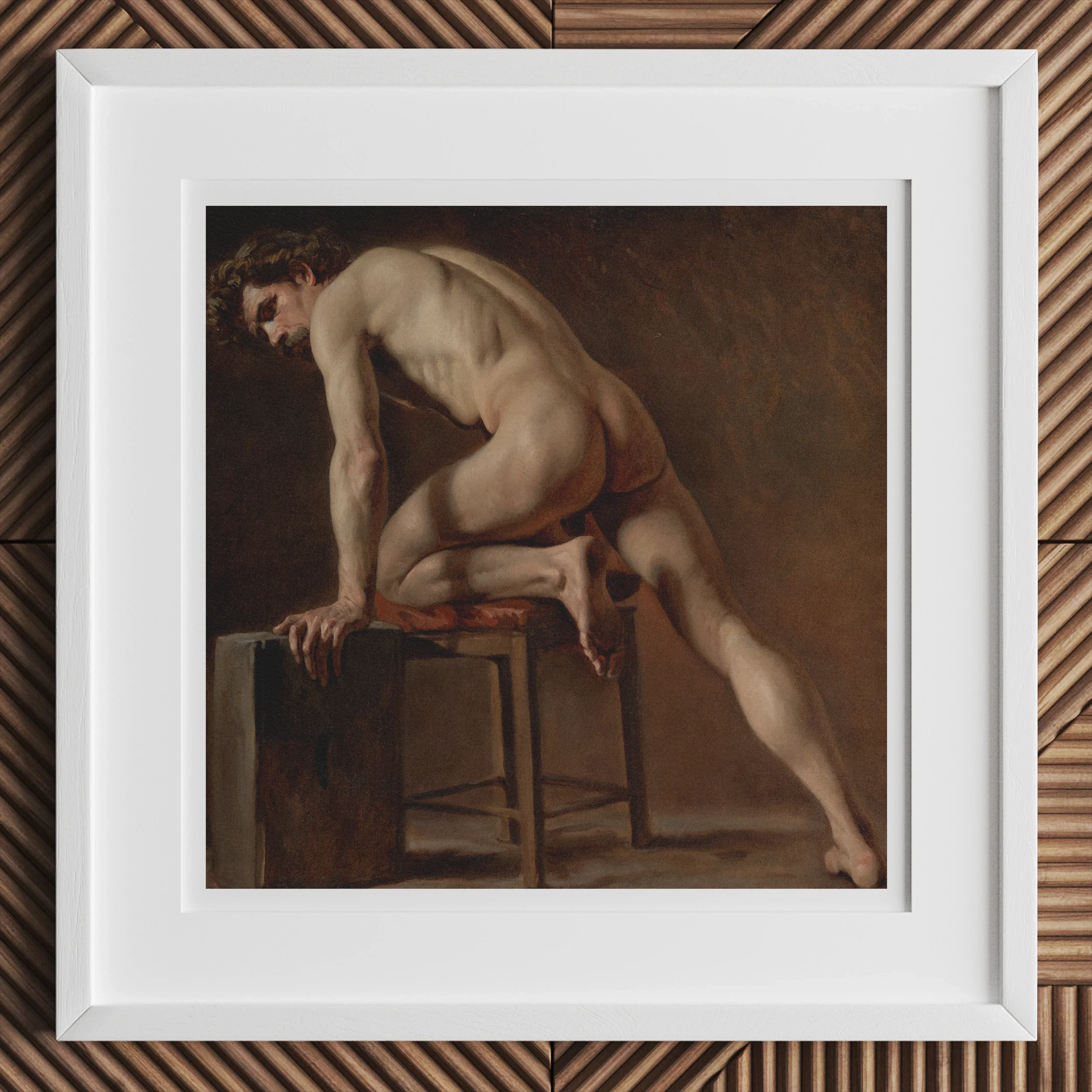 Study of a Nude Man - Gustave Courbet Art Print, Framed Classical Painting Nude Male Figure Posed Stool