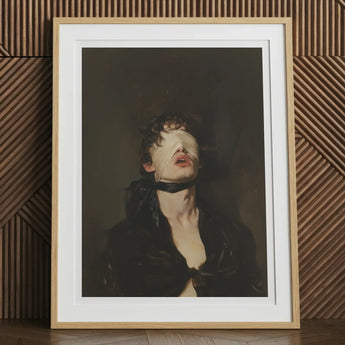 Suck it Up - Neo-victorian Gay Bdsm Art Print, 12x16’’ / 31x41cm / Natural Frame / 2’’ Matboard, Framed Portrait Blindfolded Person Black