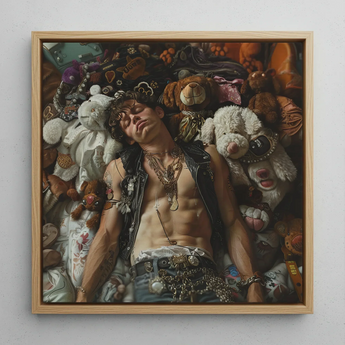 Suite Dreams - Trashy Queercore Punk Art Framed Canvas, 12x12’’ / 31x31cm / Natural Floating Frame, Framed Painting Person Amongst Stuffed