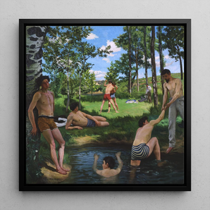 Summer Scene - Jean Frederic Bazille Framed Canvas, 12x12’’ / 31x31cm / Black Floating Frame, Bathers Asnières Painting