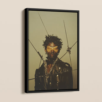 On Target Gay Black Leather Biker Framed Canvas, Framed Portrait Person Blindfold
