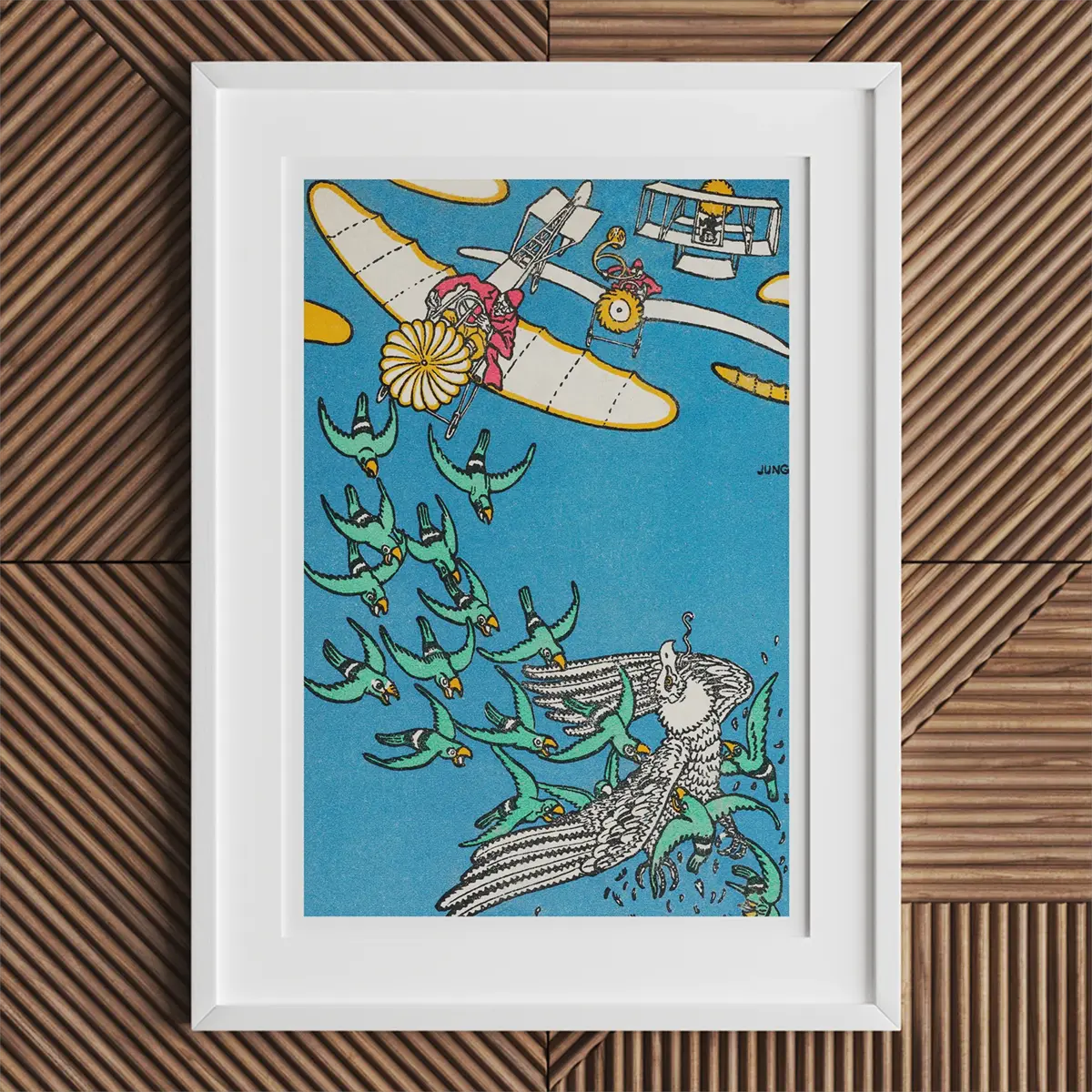 Framed whimsical aviation art by Moriz Jung, highlighting the Wiener Werkstätte influence.
