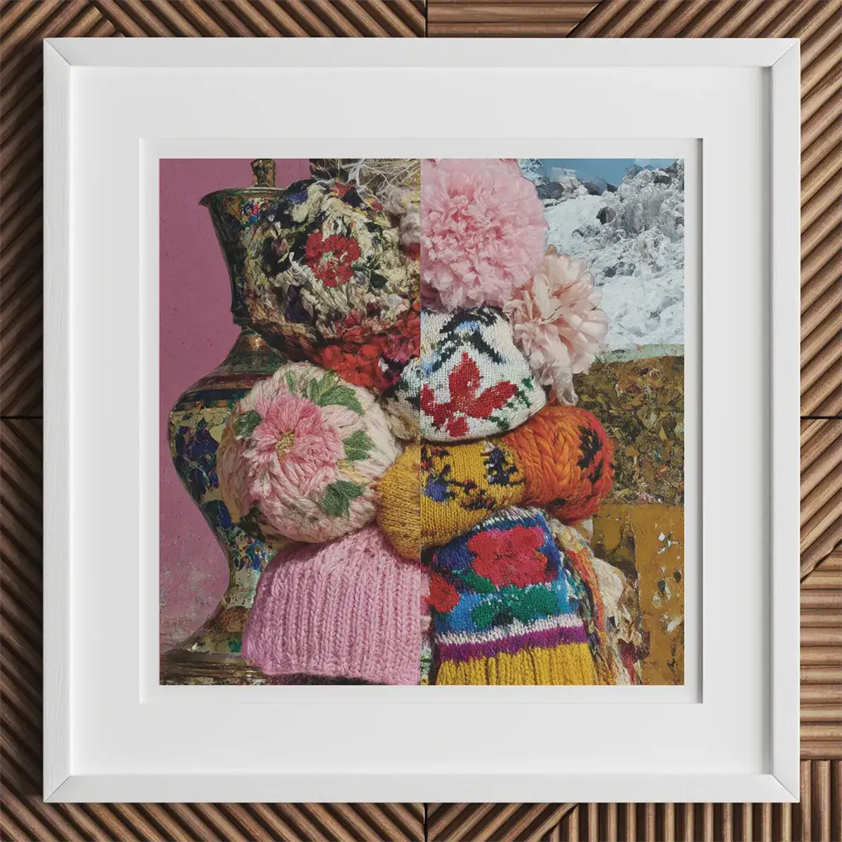 Framed collage of knitted hats and floral patterns inspired by William Morris and Jane Morris