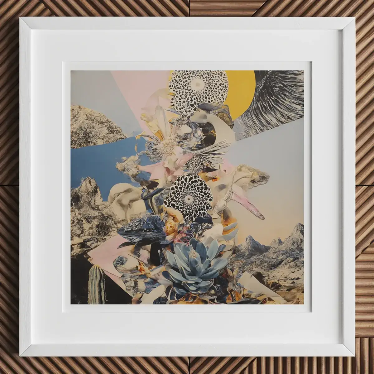 Framed abstract collage showcasing cultural influences and narratives in collage art