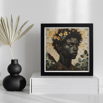 The one - Gay Black God Art Print, Framed Portrait Painting Figure Adorned Floral Elements Golden