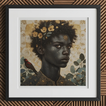 The one - Gay Black God Art Print, 12x12’’ / 31x31cm / Frame / 2’’ Matboard, Framed Painting Young Person Dark Skin Curly Hair