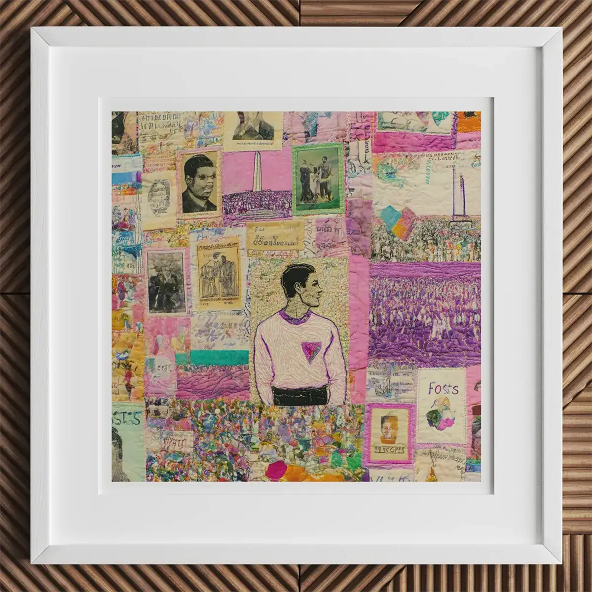 Framed collage art featuring William Morris, Gustav Stickley, and Jane Morris in arts and crafts style