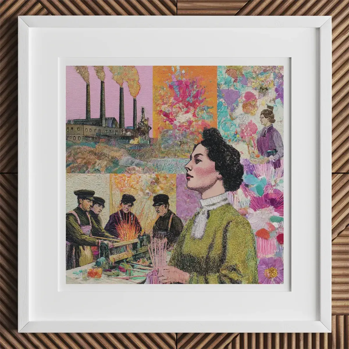 Framed collage artwork featuring William Morris and Gustav Stickley for Arts and Crafts x Social Justice
