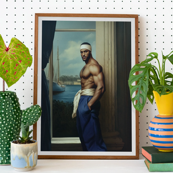 The Trade - Black Gay Sea Captain Art Print, Framed Portrait Shirtless Muscular Man Headband Window