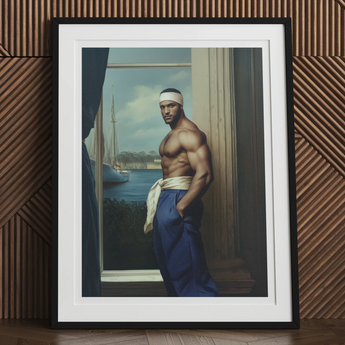 The Trade - Black Gay Sea Captain Art Print, Framed Portrait Photograph Muscular Shirtless Man Headband Blue