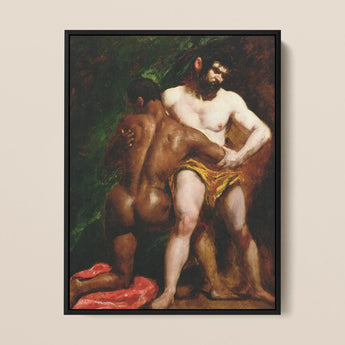The Wrestlers - William Etty Homoerotic Framed Canvas, Classical Painting Two Nude Male Figures Intimate Pose