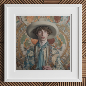 Theodore - Handsome Gay Cowboy Art Print, Framed Portrait Photograph Wide-brimmed Hat Blue Scarf Ornate
