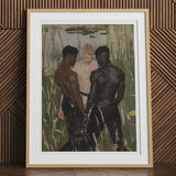 Three d - Gay Interracial Threesome Art Print, 12x16’’ / 31x41cm / Natural Frame / 2’’ Matboard, Framed Painting Three Shirtless Men Marshy