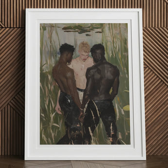 Three d - Gay Interracial Threesome Art Print, 12x16’’ / 31x41cm / White Frame / 2’’ Matboard, Framed Painting Three Men Watery Reedy