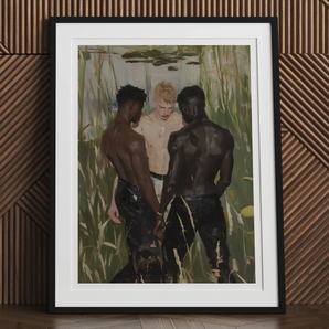 Three d - Gay Interracial Threesome Art Print, 12x16’’ / 31x41cm / Black Frame / 2’’ Matboard, Framed Painting Three Men Pond