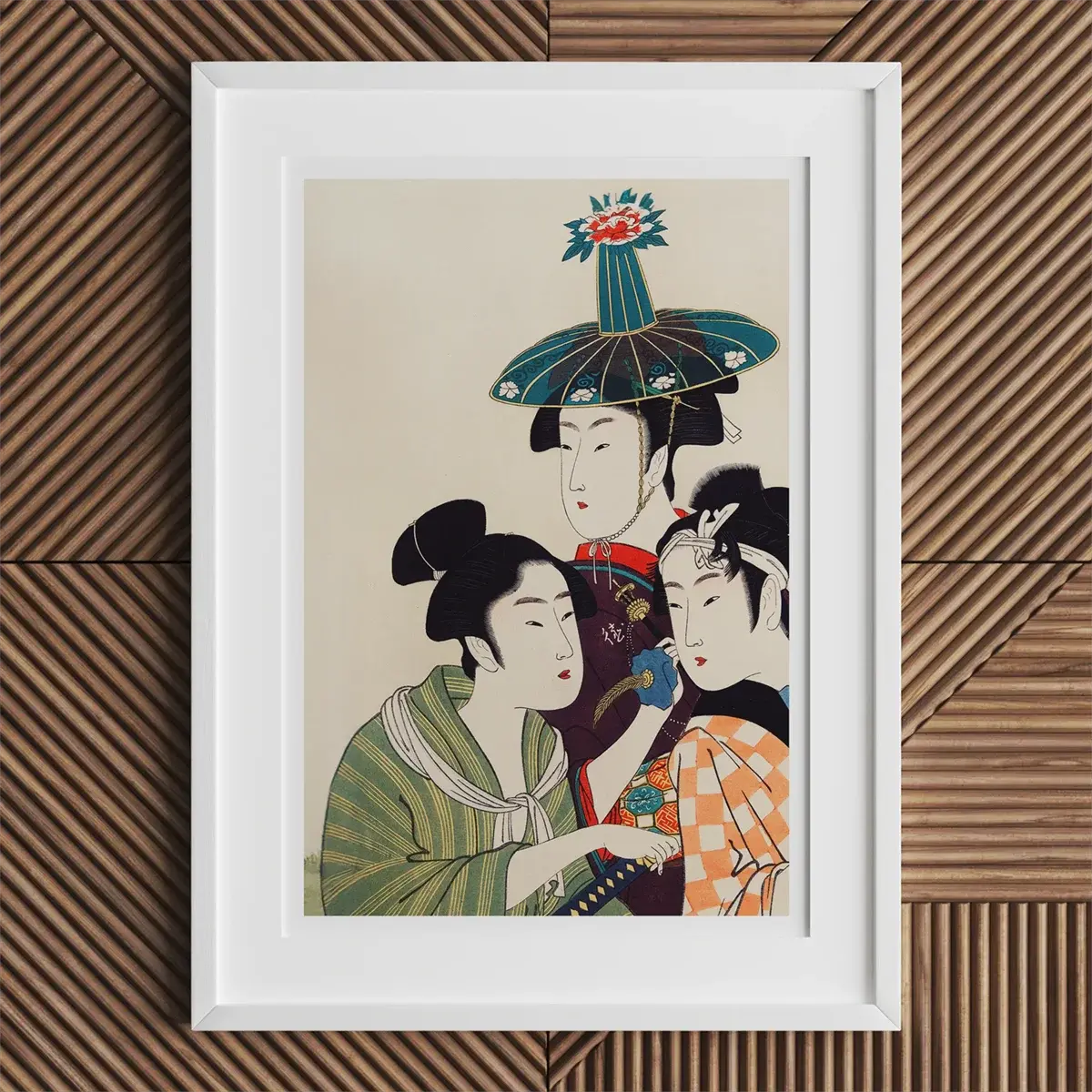 Framed Japanese art print showcasing Kitagawa Utamaro’s ukiyo-e printmaking style.