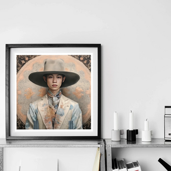 Thuanthong - Dandy Thai Transman Cowboy Art Print, Framed Portrait Artwork Figure Wide-brimmed Hat Light-colored Formal