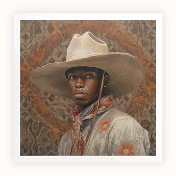 Titus - Gay Black Dandy Cowboy Art Print, Cowboy Cream-colored Wide-brimmed Hat Floral-patterned Bandana