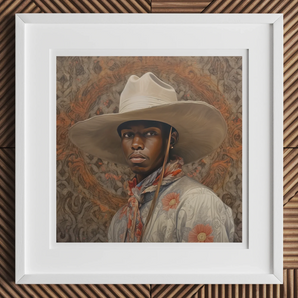 Titus - Gay Black Dandy Cowboy Art Print, Framed Portrait Beige Cowboy Hat Floral-patterned Shirt