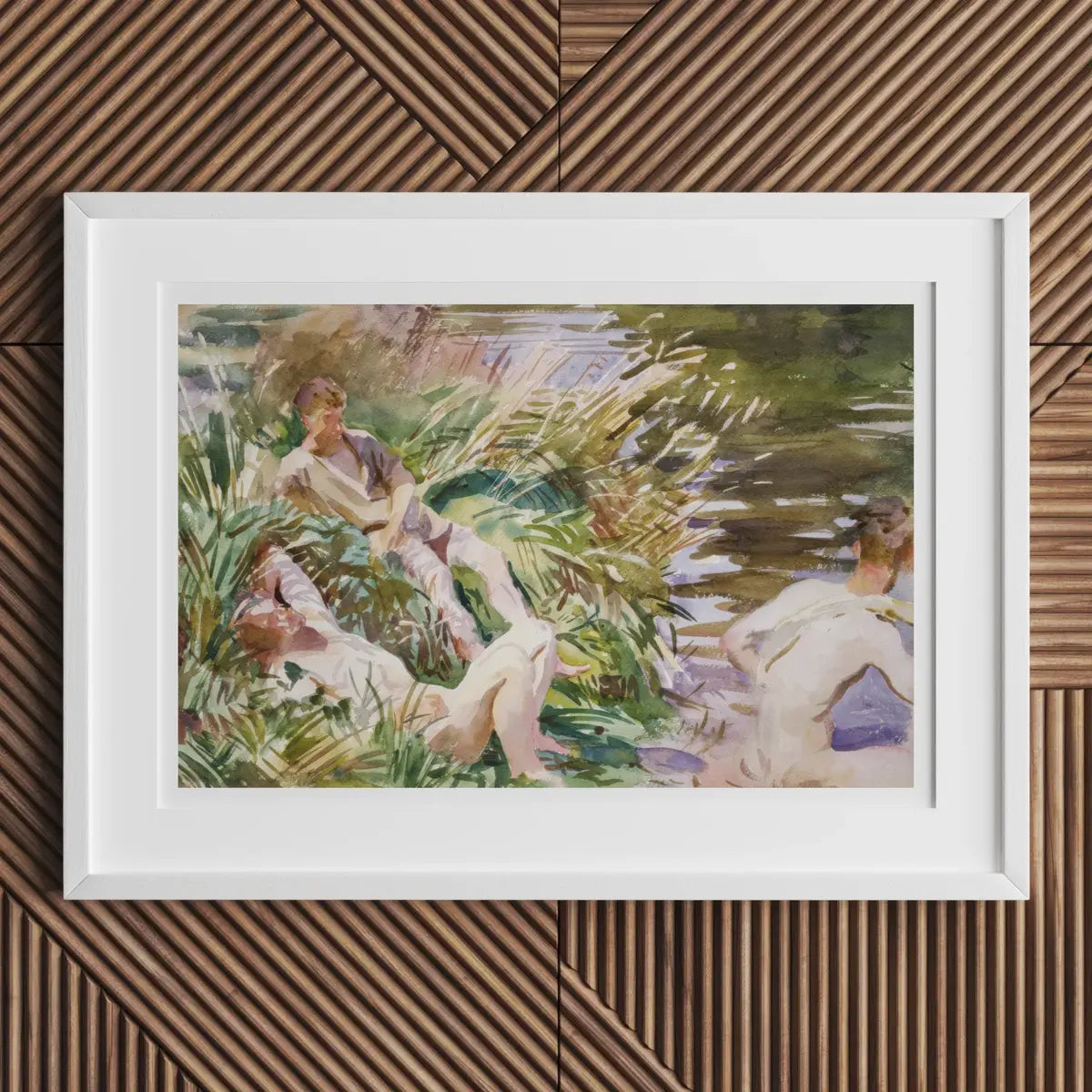 Framed watercolor painting of bathers by John Singer Sargent showcasing male nude artistry