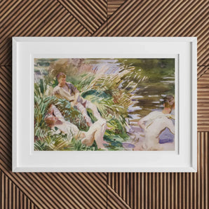 Tommies Bathing John Singer Sargent Art Print, Framed Watercolor Painting Figures Among Lush Vegetation Water