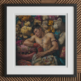 Tuckered out - Lowbrow Gaysian Circus Performer Art Print, 12x12’’ / 31x31cm / Black Frame / 2’’ Matboard, Framed Painting Muscular Man