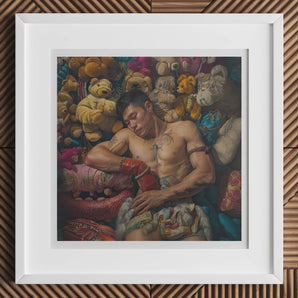 Tuckered out - Lowbrow Gaysian Circus Performer Art Print, 12x12’’ / 31x31cm / White Frame / 2’’ Matboard, Framed Photograph Shirtless