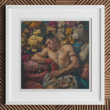 Tuckered out - Lowbrow Gaysian Circus Performer Art Print, 12x12’’ / 31x31cm / White Frame / 2’’ Matboard, Framed Photograph Shirtless