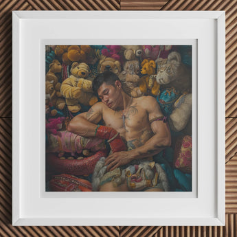 Tuckered out - Lowbrow Gaysian Circus Performer Art Print, 12x12’’ / 31x31cm / White Frame / 2’’ Matboard, Framed Photograph Shirtless