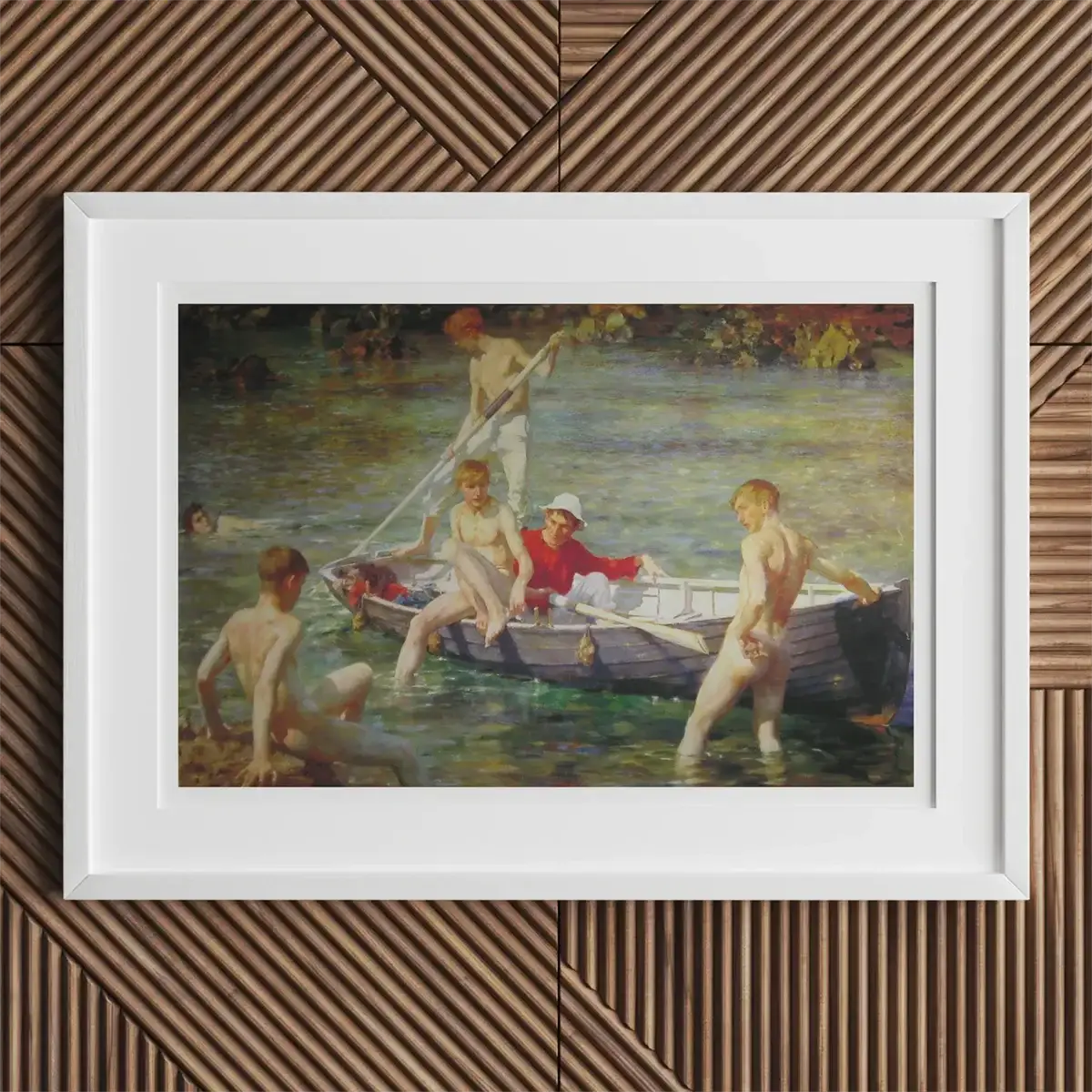 Framed painting of boys swimming by Henry Scott Tuke in Edwardian sunlight