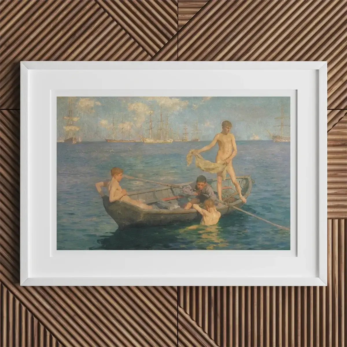 Framed painting by Henry Scott Tuke of boys in a boat excelling in Edwardian sunlight