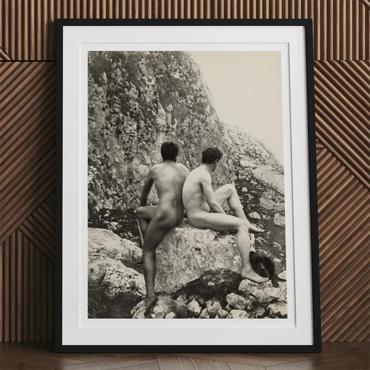Framed black and white photograph of young men by Wilhelm von Gloeden in Sicilian Mythography