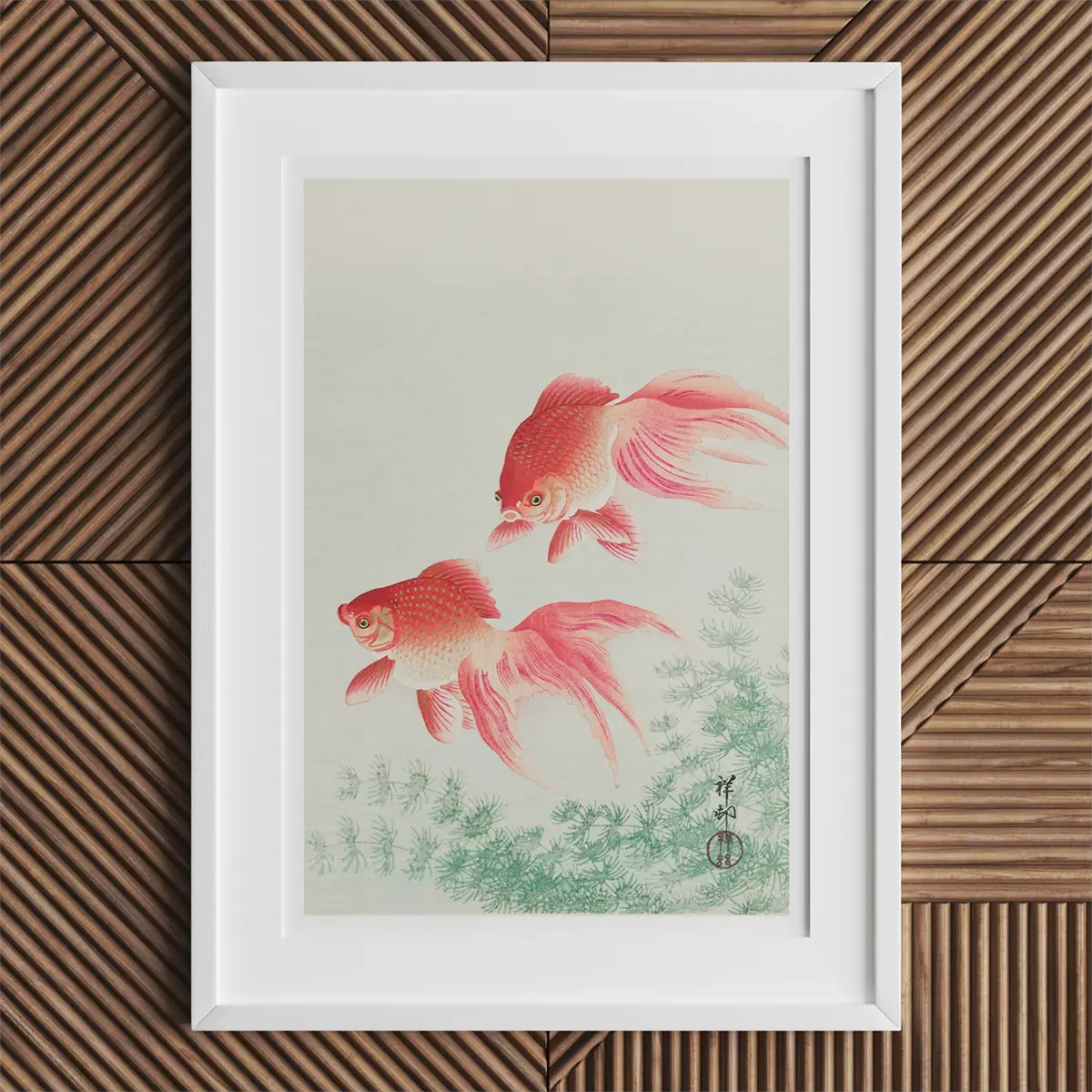 Framed goldfish painting by Ohara Koson representing the Shin-hanga movement.