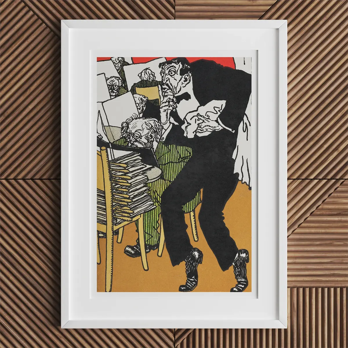 Framed satirical artwork by Moriz Jung reflecting the Wiener Werkstätte style in Austrian art scene
