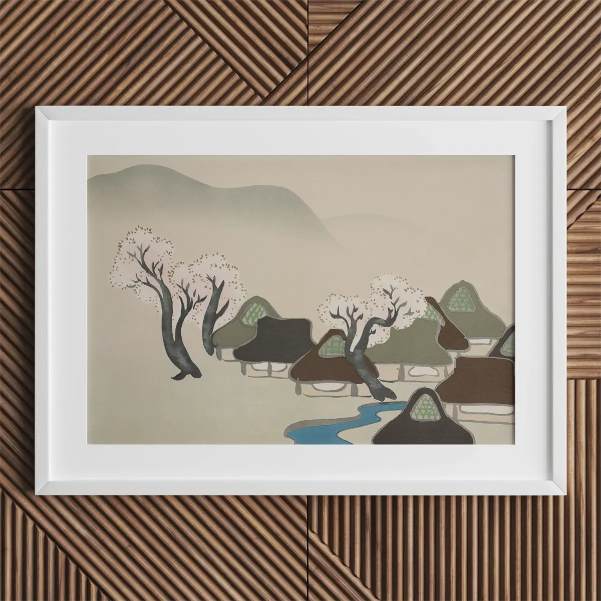Framed Japanese village painting by Kamisaka Sekka showcasing Rinpa School style with Mount Fuji.