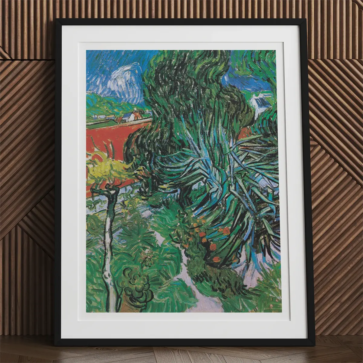 Framed Vincent van Gogh painting showcasing Van Gogh’s unique style and creativity.