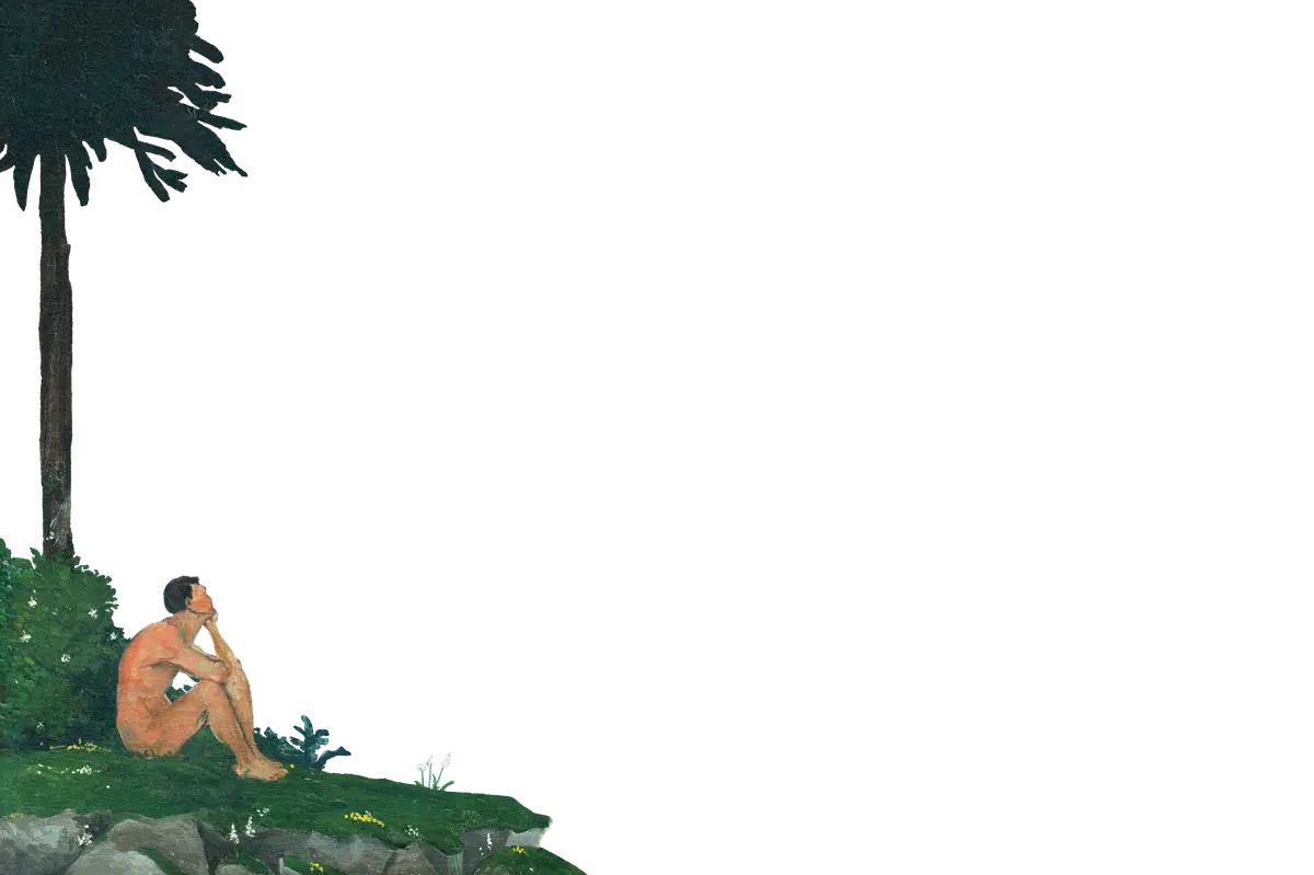 Male nude figure contemplating under a tree, featured on an iPhone case for art enthusiasts