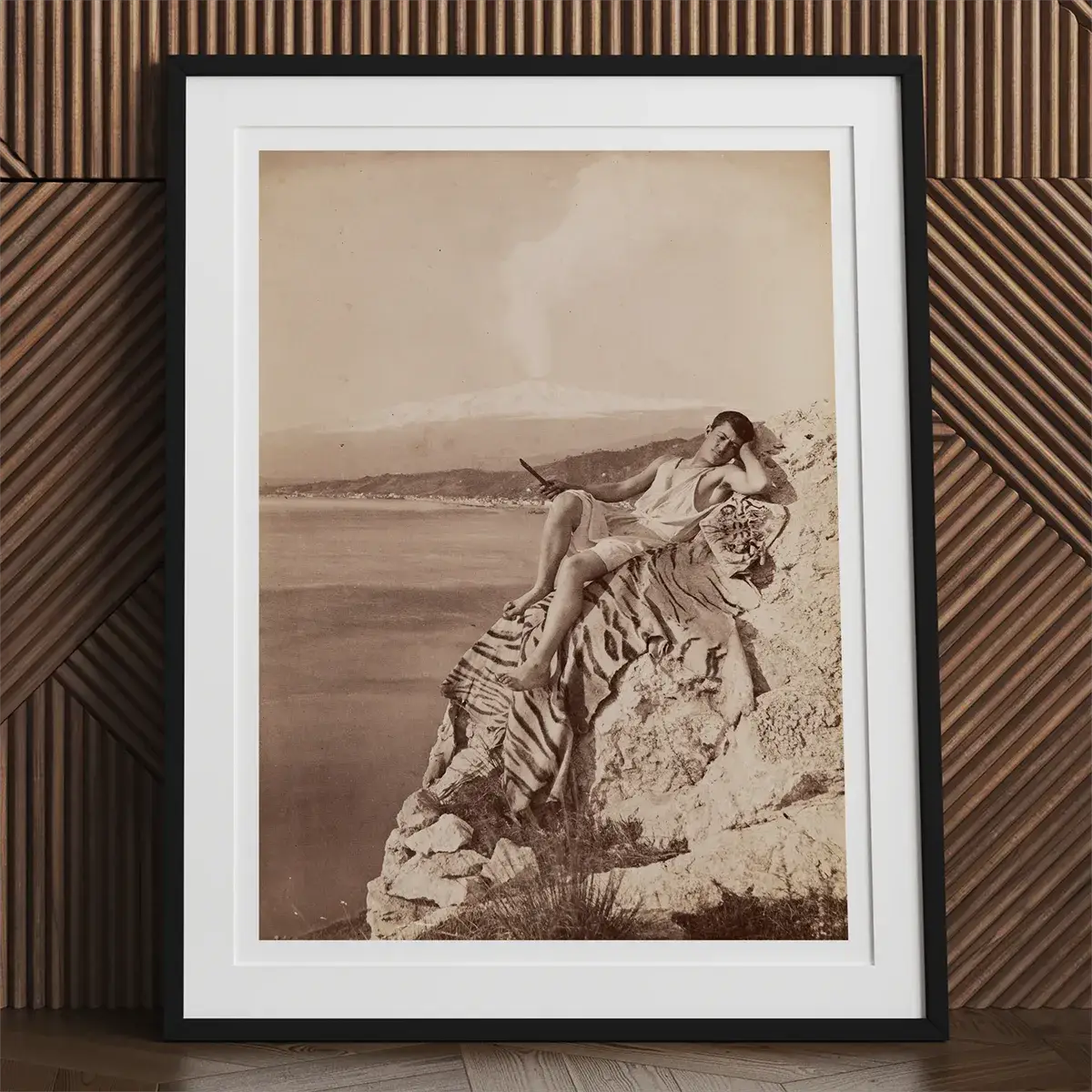 Framed sepia photograph of young men by Wilhelm von Gloeden for Baron von Gloeden’s Sicilian Mythography