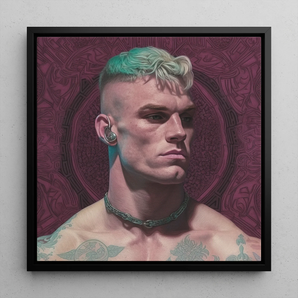 Watch and Learn - Gay Cyberpunk Art Framed Canvas, 12x12’’ / 31x31cm / Black Floating Frame, Framed Portrait Tattooed Man