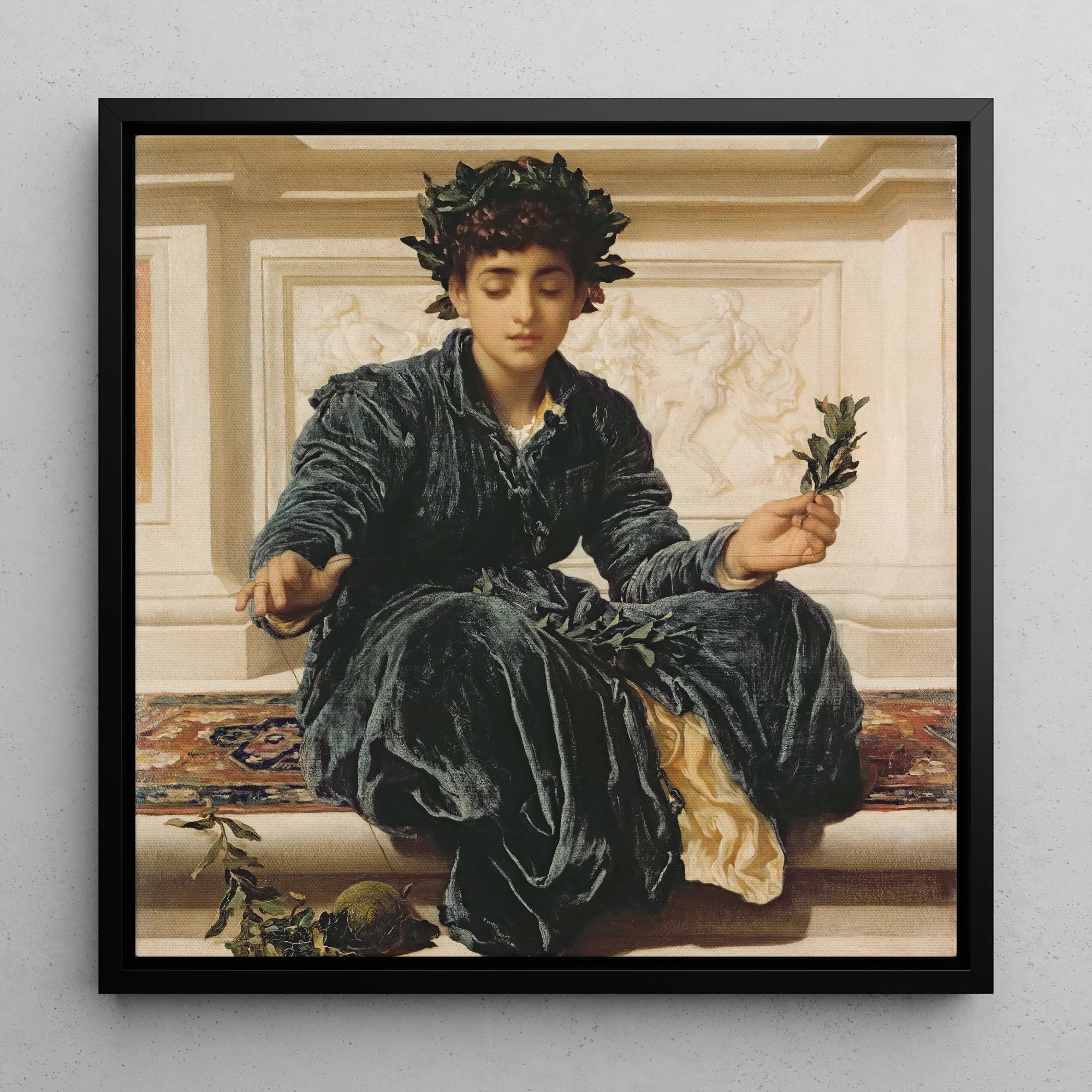 Weaving the Wreath - Frederic Leighton Framed Canvas, 12x12’’ / 31x31cm / Black Floating Frame, Classical Painting Figure Dark Velvet Robe