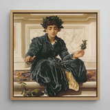 Weaving the Wreath - Frederic Leighton Framed Canvas, 12x12’’ / 31x31cm / Natural Floating Frame, Framed Painting Woman Dark Velvet Dress