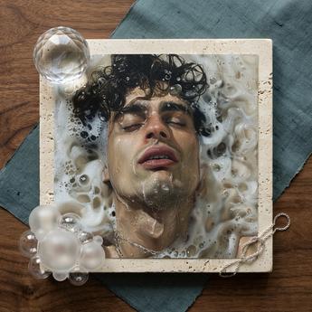 Wet Whistle - Sensual Homoerotic Dream Art Print / Canvas Square Textured Beige Stone Plaque Detailed 3d Relief, Latino, Symphony Swells