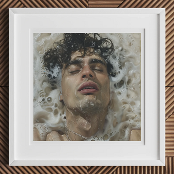 Wet Whistle - Sensual Homoerotic Dream Art Print, 12x12’’ / 31x31cm / White Frame / 2’’ Matboard, Framed Art Print Person Submerged Water