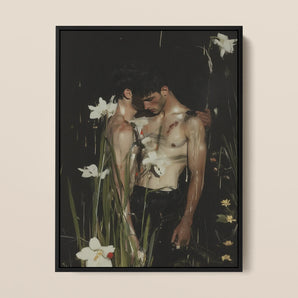 Nature / Nurture - Secret Gay Lovers Framed Canvas, 12x16’’ / 31x41cm / Black Floating Frame, Framed Painting Two Men Amidst Flowers